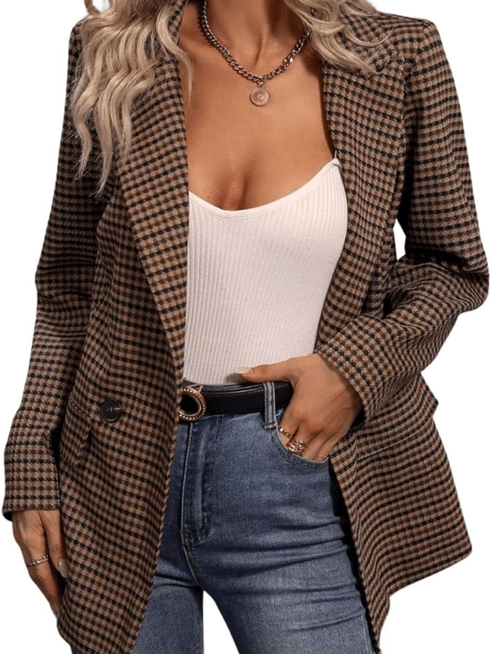 Houndstooth Brown Plaid Blazer Jacket - Women's Coat